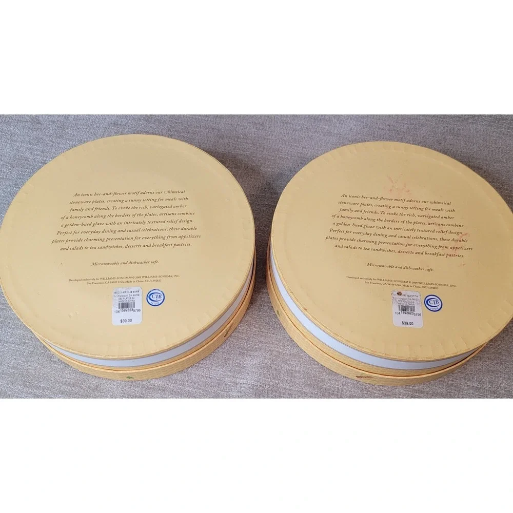 Williams Sonoma Honeybee Salad Plates Set of 4 w/ Hat Box RARE Bee Stoneware NEW